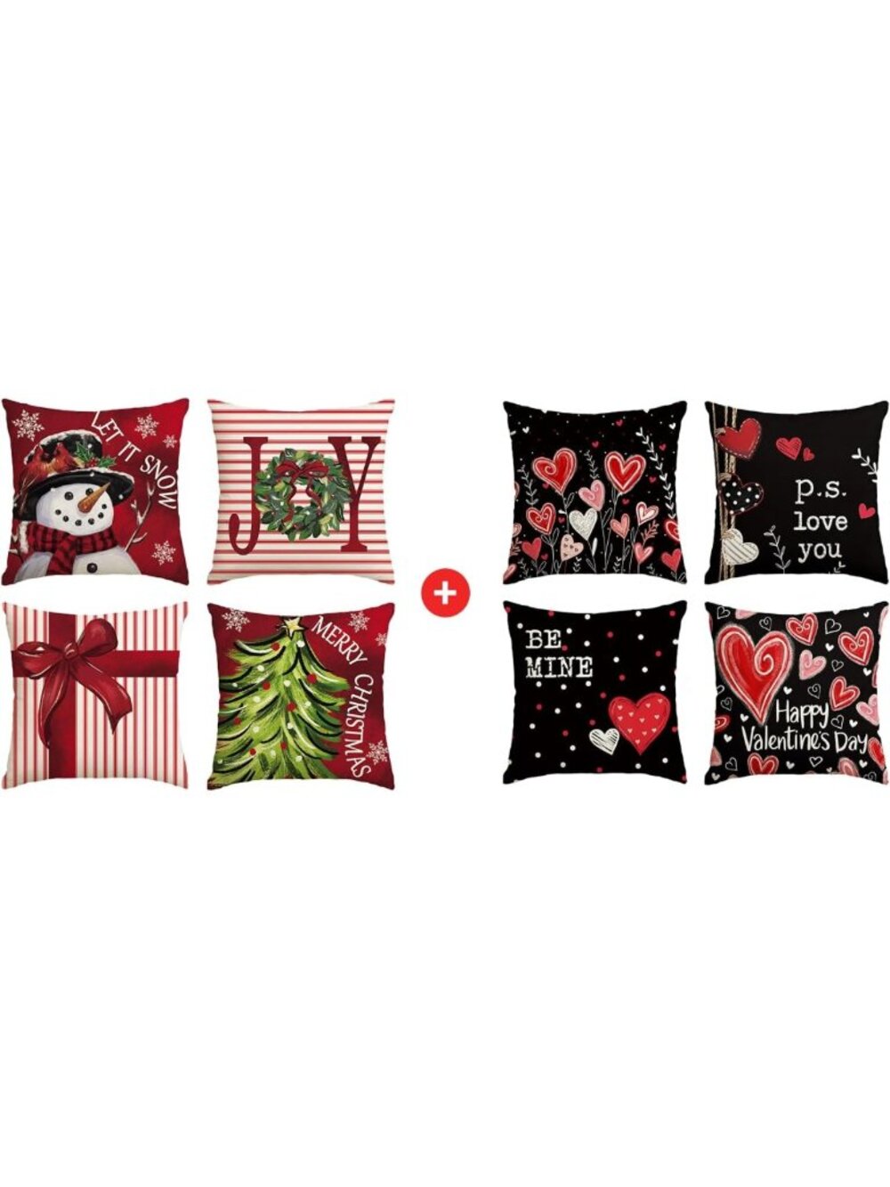 Joyful Christmas Throw Pillow Covers - Red Heart Stripes, 18x18 Inch, Set of 8